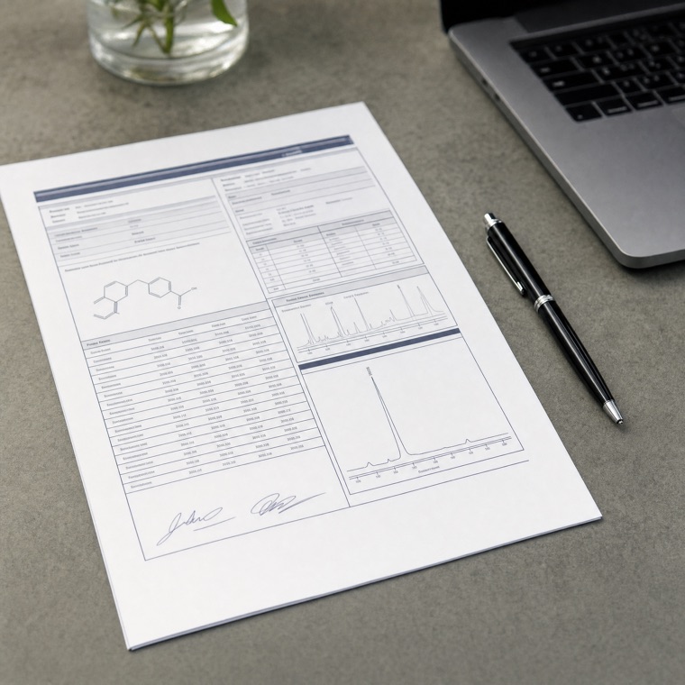 Certificate of analysis documents spread on a review desk beside a magnifying glass